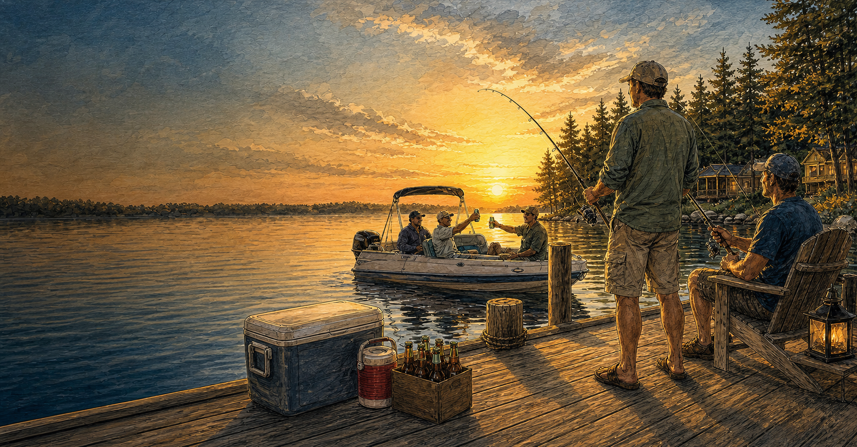 Sketch of adults fishing on a lakeside deck with visible coolers, beer, and a boat at sunset near Winfield Liquors